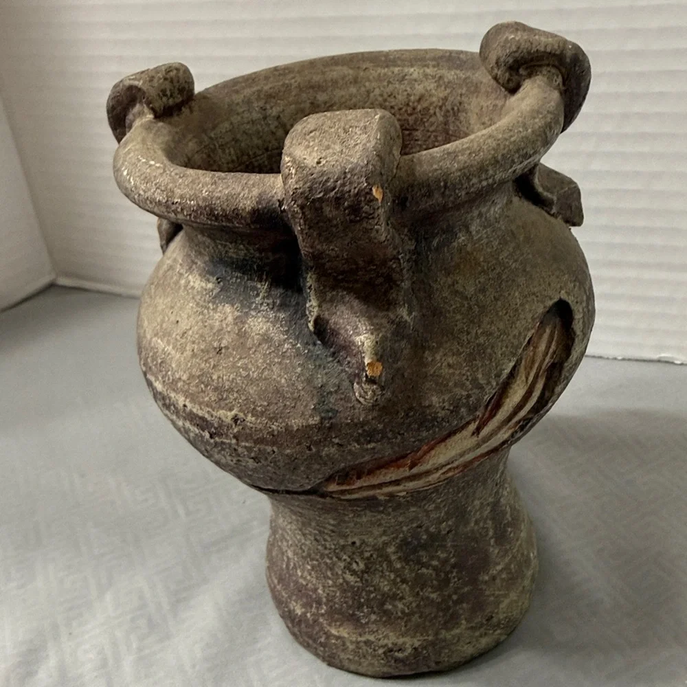 Rustic Style Ceramic Pottery Vase Feather Motif Weathered Finish Loop Handles